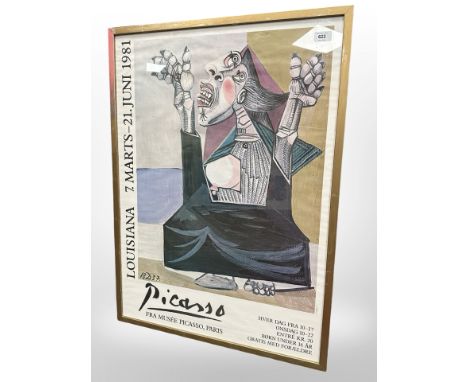 A colour exhibition poster : Picasso, Louisiana, 1991, 84 cm x 61 cm, framed. 