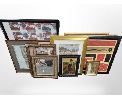 Assorted pictures, prints and mirrors, Andy Warhol print, etc., largest 92cm x 81cm overall.