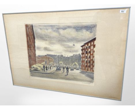 20'th Century Continental School : Cyclists, cars and pedestrians in a busy street, lithograph printed in colours, indistinct