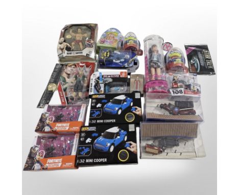 Various Mattel and other figures including Bat Man, Fortnite, UFC, WWE, etc, boxed 