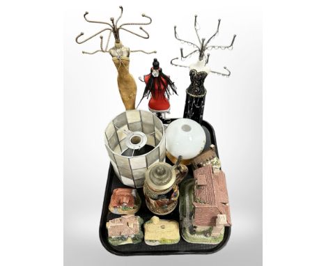 A group of cottage ornaments including two Lilliput Lane examples, two light shades, three ring trees in the form of mannequi