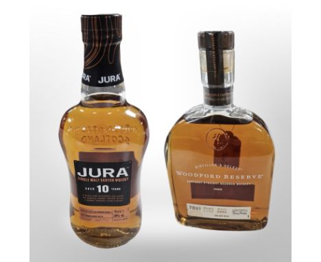 A bottle of Jura Single Malt Scotch Whisky, aged 10 years, 70cl, 40% vol., and a further bottle of Woodford Reserve Kentucky 