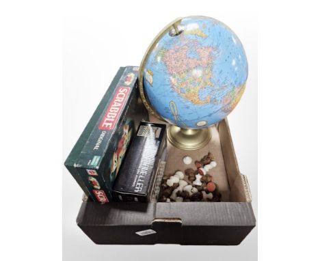 A Globe Scrabble game, Chess Traveller computer game, set of carved onyx chess pieces (1 box)