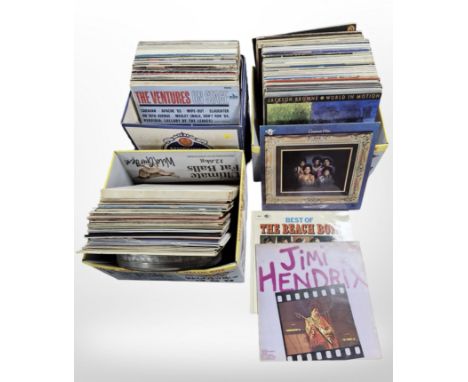 A collection of vinyl LP records, assorted titles including Jimi Hendrix, The Beach Boys, compilations, U2, Rod Stewart, clas