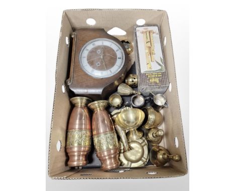 Assorted copper and brass wares, Art Deco mantel clock (as found), silver-plated wares, brass money box. (1 box)