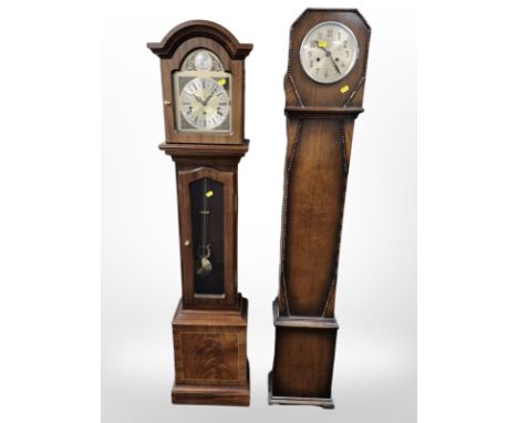 A reproduction longcase clock, height 148 cm, together with a further oak Art Deco clock case  