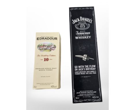 A bottle of Jack Daniels Old Time Tennessee Whiskey, 50cl, 40% vol., and a further bottle of Edradour Highland Single Malt Sc