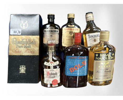 A bottle of Glenfiddich Pure Malt Scotch Whiskey, 50cl, in presentation card box, together with six further bottles of alcoho
