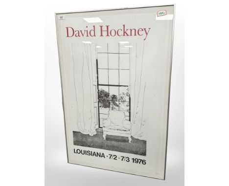An exhibition poster printed in red and black : David Hockney, Louisiana - 1976, 85 cm x 57 cm, framed. 