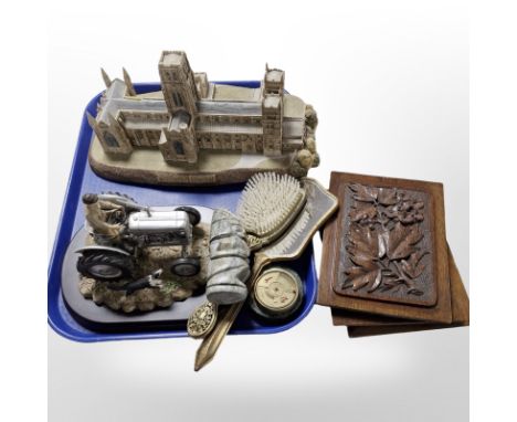 A South Durham Art model of Durham Cathedral by Mike Harris, together with a soapstone carving, a Leonardo Collection figure 