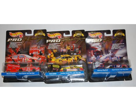 Five various carded Hot Wheels Mattel pro-racing stock car diecast models, to include Ford Taurus and toolbox 