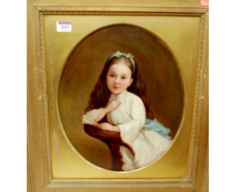 Late 19th century English school - three-quarter length portrait of a girl with a blue ribbon in her hair, oil on panel, fram
