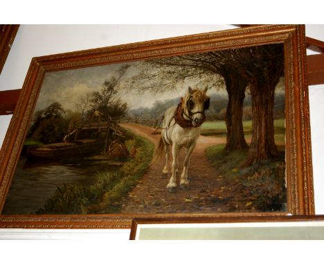 Early 20th century English school - Study of a grey horse on the canal towpath with narrowboat passing beneath a bridge, oil 