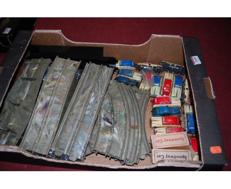 A qty of Marx and other plastic and tinplate raceway accessories to inc. various cars and track
