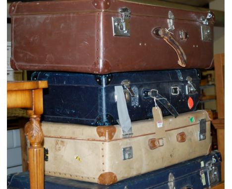 A collection of six various suitcases; together with a Fortnum & Mason wicker picnic hamper (7)