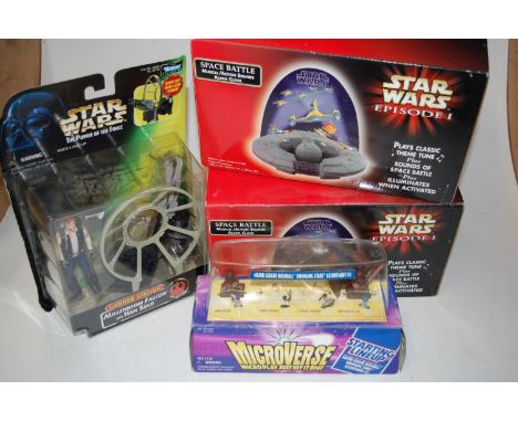 A quantity of Star Wars modern release action figures and playsets, to include Episode One Space Battle alarm clock 