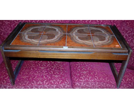 A 1970s teak and tile top inset low rectangular coffee table, length 95.5cm