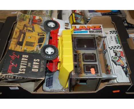 Qty mixed tinplate and plastic models to inc. Tudor Rose sand and ballast tipper truck, Lands bulldog Cz tractor and others