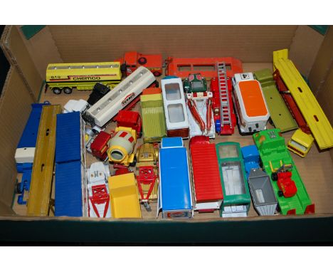 A box containing a quantity of Corgi and Matchbox modern release playworn diecast, to include Freuhof Hopper train 