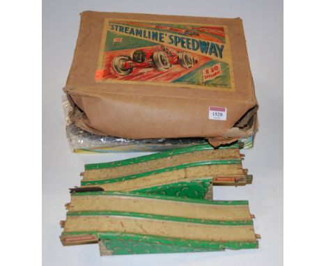 A Louis Marx & Co E50 tinplate speedway, comprising various track and two tinplate clockwork saloons 