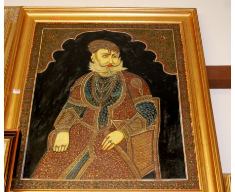 Indian School - Half-length portrait of a seated and robed gentleman bedecked in jewellery, oil on panel, 88 x 73cm