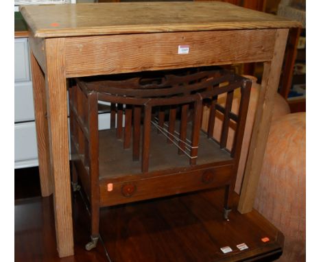 Occasional furniture, to include a pine slopefront hinged top school desk, a mahogany canterbury, white painted basket chest 