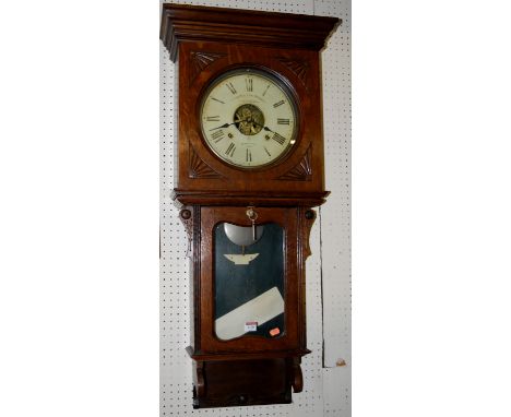 An early 20th century American droptrunk wall clock, the Rochester time recorder by Willard & Frick Co, h.105cm