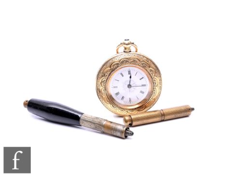An 18ct open faced fob watch, Roman numerals to a white enamelled dial, case diameter 36mm, metal dust cover, engraved decora