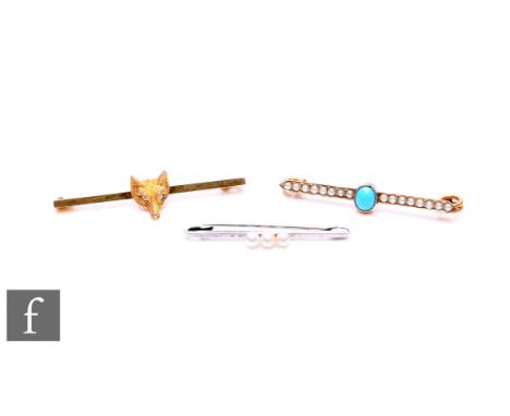 A collection of 9ct gold bar brooches/stick pins, to include a Harrod's cased 9ct gold fox head example with inset glass eyes