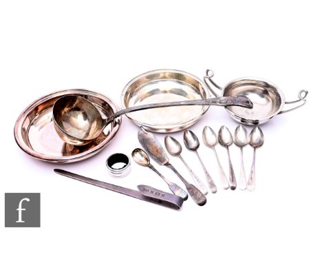 A parcel lot of assorted silver and silver plated items to include a bookmark, ladle and other flatware, total weight of silv