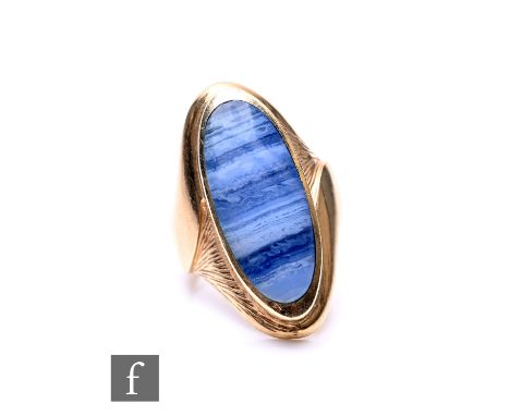 A 9ct hallmarked banded agate ring, high collar set single stone, weight 13.5g, ring size M.