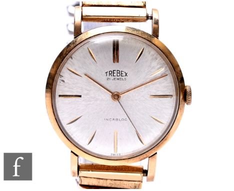 A 9ct hallmarked Trebex manual wind wrist watch, gilt batons to a circular silvered dial, case diameter 34mm, total weight 47