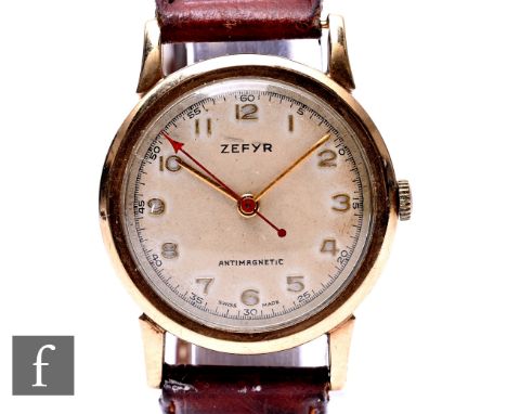 A 9ct hallmarked Zefyr manual wind wrist watch Arabic numerals to a circular dial, case diameter 32mm, total weight 28g, to a