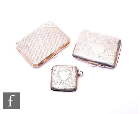 An Art Deco silver cigarette case with geometric engine turned decoration, together with an early 1920s acanthus leaf decorat