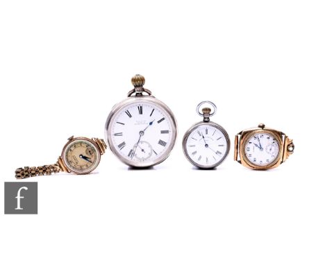 Two 9ct wrist watches, total weight 46g, metal bracelet to one, a silver fob and pocket watch, damage. (4)