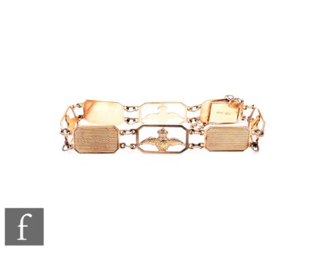 A 9ct link bracelet with alternating pierced RAF and engine turned panels, total weight 11.5g, terminating in tongue and box 
