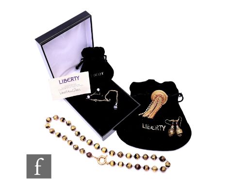 A 9ct mounted crystal pendant and stud earring set, a gilt brooch and a Venetian glass necklet and matching earrings both to 
