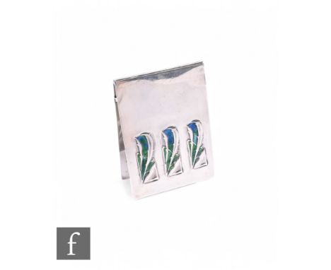 An Arts and Crafts hallmarked silver rectangular, sprung aid memoire case with blue/green enamelled decoration,&nbsp;in the m