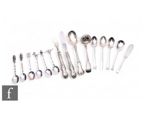 A parcel lot of hallmarked silver flatware including Georgian strainer spoon, hallmarked London 1807, Victorian ornate spoon,