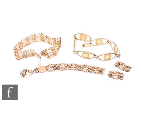Two 9ct hallmarked gate bracelets with a 9ct faux coin example, total weight 27g, damage. (3)