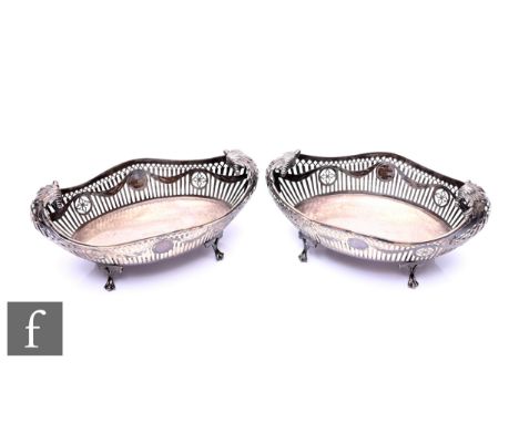 A pair of hallmarked silver oval epergne baskets with pierced galleries and scroll terminals, total weight 25.5oz, length 24c
