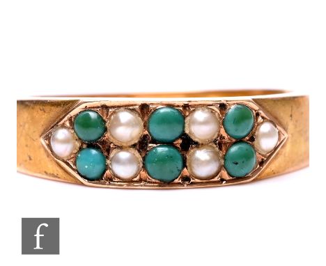 A 15ct hallmarked turquoise and seed pearl set ring, weight 2g, ring size M 1/2, Birmingham 1867.