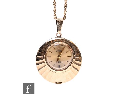 A 9ct Rotary pendant watch, batons to a circular champagne dial to a circular case, diameter 28mm, suspended from a 9ct rope 