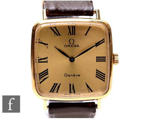 A gold plated Omega manual wind wrist watch, Roman numerals to a cushioned square champagne dial, case diameter 28mm, to a le