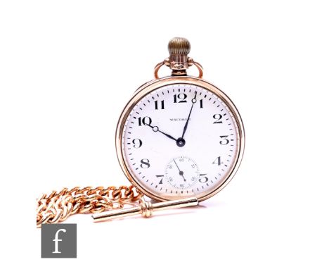 A 9ct hallmarked open faced, crown wind, Waltham pocket watch, Arabic numerals to a white enamelled dial, gold dust cover, ca