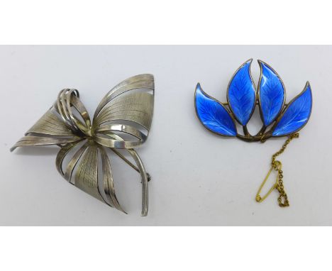 A silver and enamel David Andersen brooch, 46mm, and one other silver brooch 