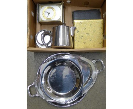 A Metamec quartz clock, a plated tray, one other tray and a basket, a James Dixon teapot, six pastry forks, etc. **PLEASE NOT