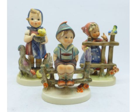 Three Hummel figures, Feeding Time, Wayside Harmony and Signs of Spring 