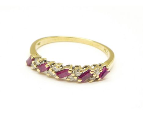 An 18ct gold, five stone ruby and eight stone diamond ring, 2.5g, P 