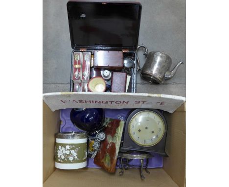 A Smiths Bakelite clock, biscuit barrel with plated top, lacquered box, mounted motorcycle, plated items, etc. **PLEASE NOTE 